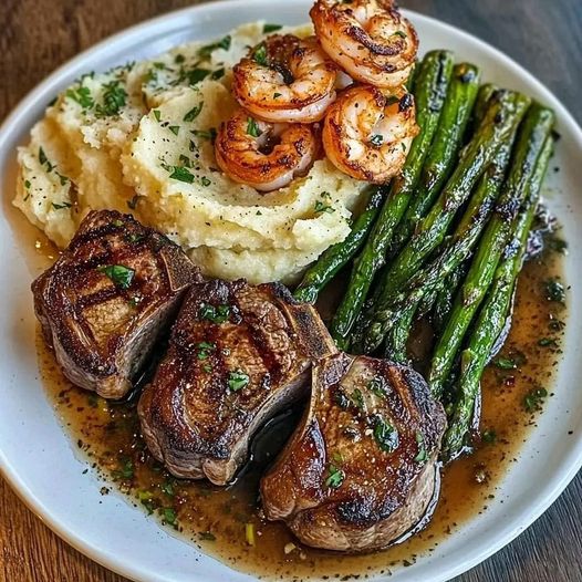 Lamb Chops over Lobster Mash with Asparagus