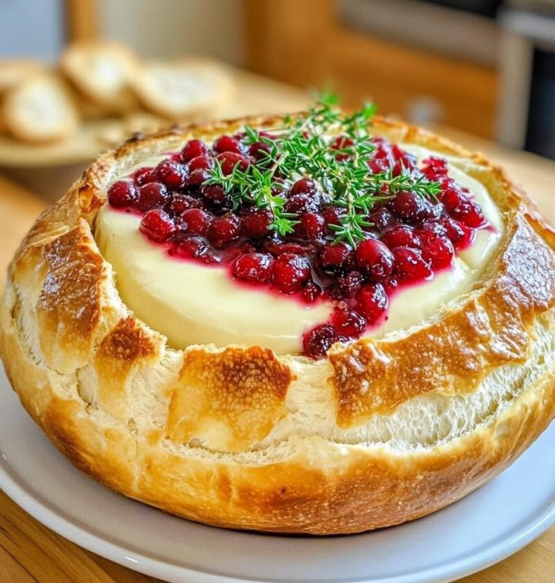 Rustic Brie Bread Bowl with Cranberries and Fresh Thyme